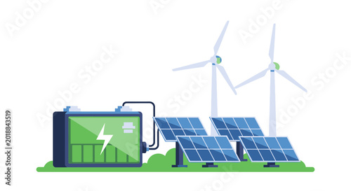 Renewable Energy System Concept with Solar Panels, Wind Turbines, and Large Battery Storage Unit for Sustainable Power Generation