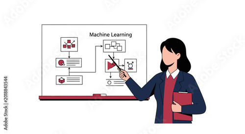 Professional Woman Presenting Machine Learning Flowchart on Whiteboard: AI and Data Science Illustration