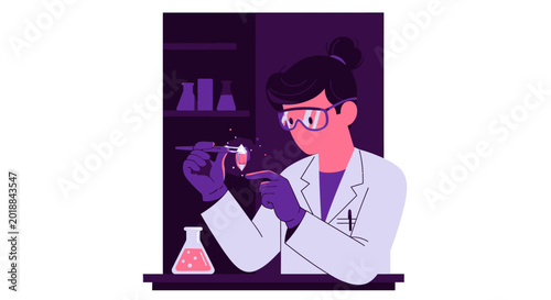 Female Scientist Examining a Glowing Pink Crystal in a Modern Laboratory Research Illustration
