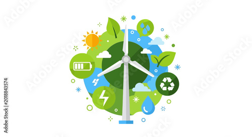 Renewable Energy and Sustainability Concept Vector Illustration with Wind Turbine, Solar Power, Recycling Symbol, and Green Technology Icons on White Background