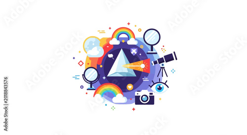 Science of Light and Optics Vector Illustration with Prism, Telescope, Camera, and Rainbow Spectrum