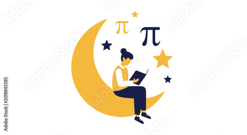 Woman Reading a Book Sitting on Crescent Moon with Pi Symbols and Stars, Mathematics and Education Concept Vector Illustration isolated on White Background