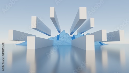 Tableau sur toile 3D abstract white geometric beams floating over blue mountains on a reflective f