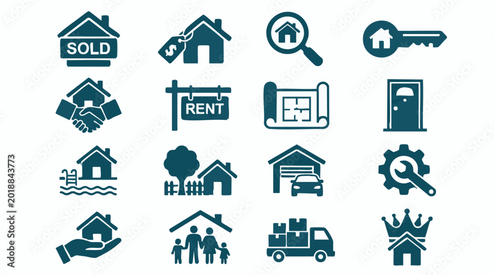 Fototapeta premium Real estate and housing icon set for property sales, rentals, and services