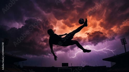 Silhouette of a soccer player performing a bicycle kick during a storm