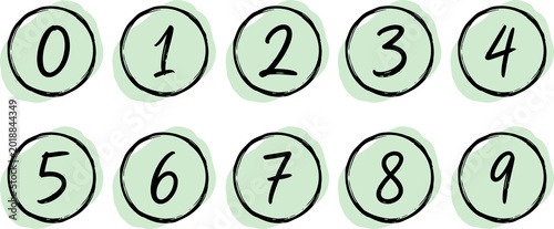 Hand Drawn Numbers Set Inside Green Circles