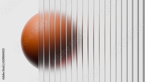 Fotografia 3D abstract orange sphere behind ribbed frosted glass with vertical lines on a c