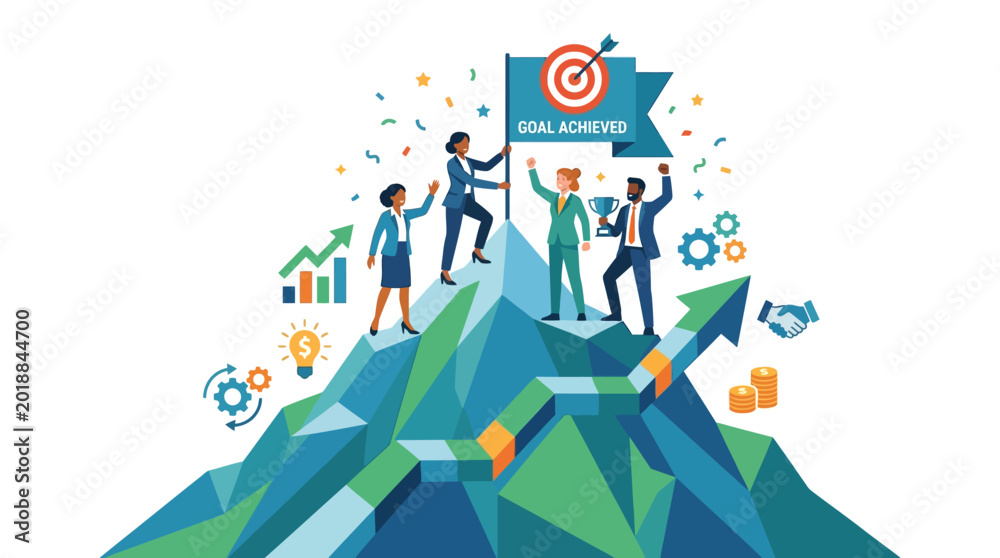 Obraz premium Business team celebrates success on a mountain with a target banner