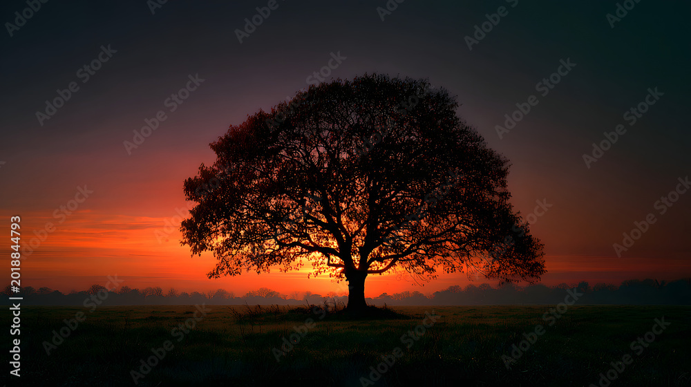 Fototapeta premium Simple composition with tree silhouette against light gradient sky 