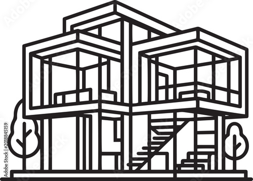 Minimal architecture line art of a modern glass house, geometric luxury home design icon