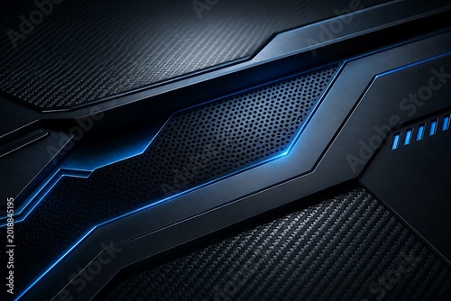 Futuristic armor plating with blue neon accents dark metallic texture