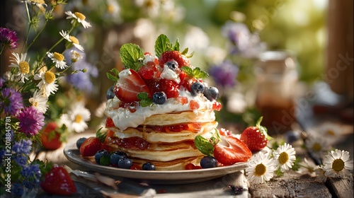 Fresh berry pancakes stack with whipped cream and mint leaves on a rustic wooden surface