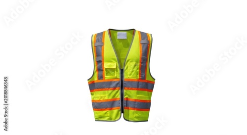 A high-visibility safety vest, fluorescent yellow, with orange reflective stripes