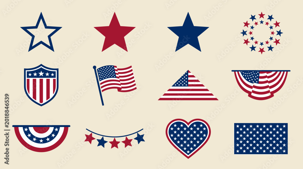 Obraz premium USA Independence Day 4th July American Flag Stars and Stripes Symbols Vector Graphics