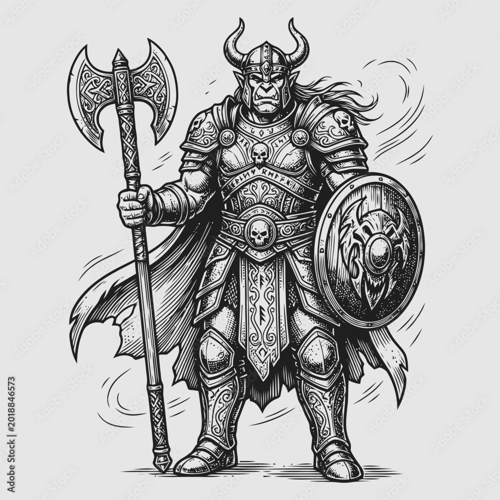 Fototapeta premium Viking warrior with horned helmet holding battle-axe and shield in medieval armor