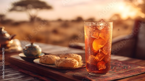 Chilled iced tea with lemon and ice cubes served with biscuits in a sunny outdoor landscape
