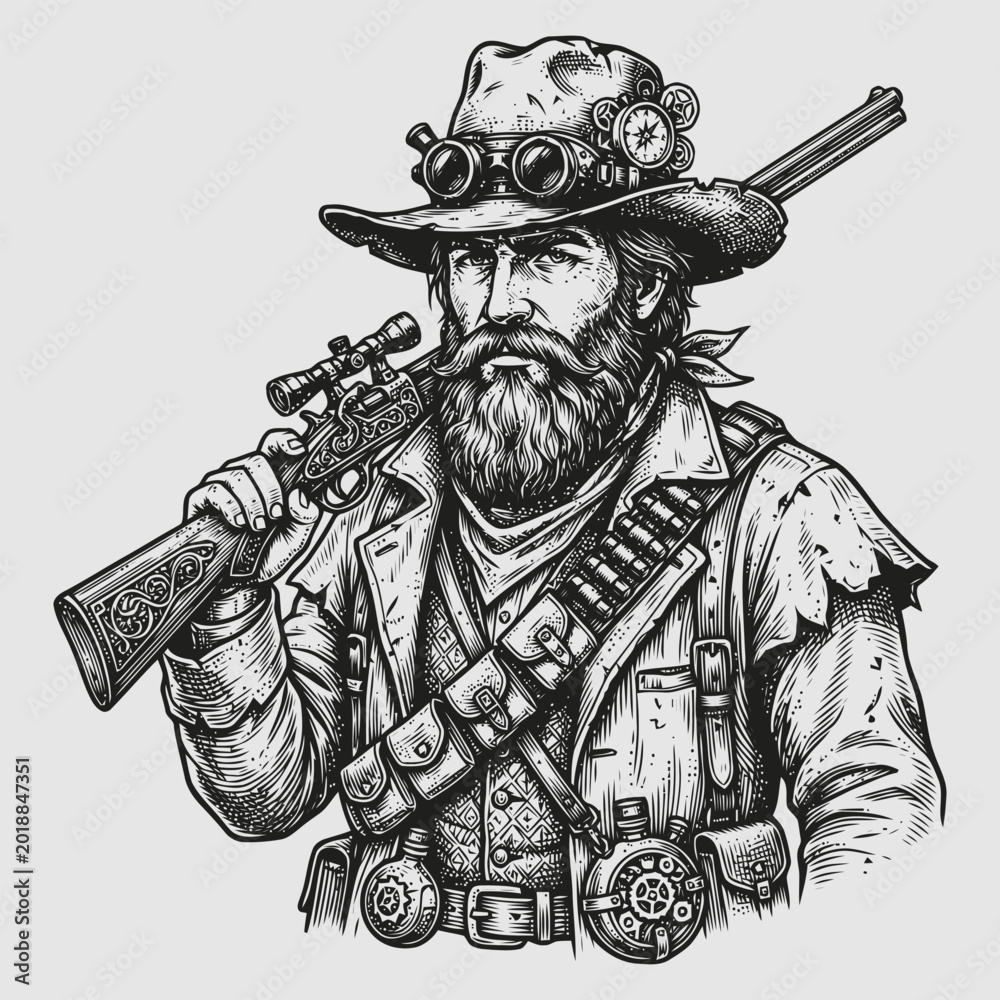 Obraz premium Steampunk cowboy holds rifle and goggles in a sci-fi western scene