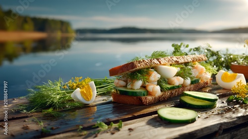 Gourmet shrimp sandwich with boiled eggs sliced cucumbers and fresh dill on toasted brown bread