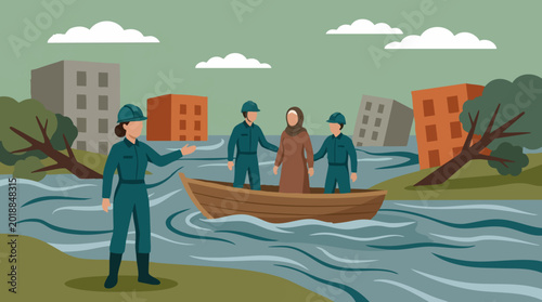 Photos Flood disaster relief operation, rescuers helping a woman in a boat