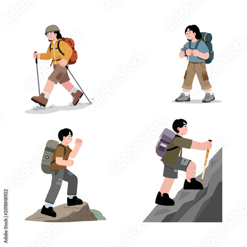 Fotografie Hiking and mountaineering character collection featuring people with backpacks a