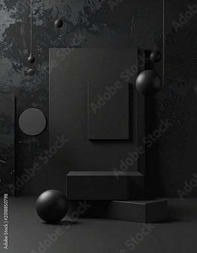 Matte black background with floating geometric shapes, clean symmetry, subtle soft shadows, minimalist 3D forms, spheres, cubes, cylinders, smooth matte finish, dark modern aesthetic.