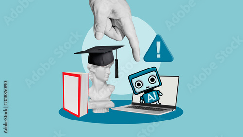 AI and Academic Cheating Concept, Artificial Intelligence Threat to Education Integrity, Student Plagiarism, Automated Homework, Knowledge Worker Replacement and Academic Ethics Risk