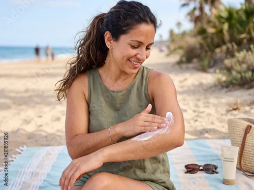 Naklejka Woman applying sunscreen on arm at sunny beach for summer skincare banner and sun protection background