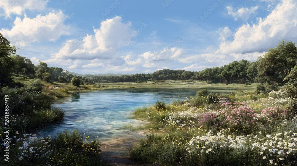Naklejka premium A picturesque landscape captured in a realistic photographic style, showcasing a serene river flowing through a verdant environment. Ai generated