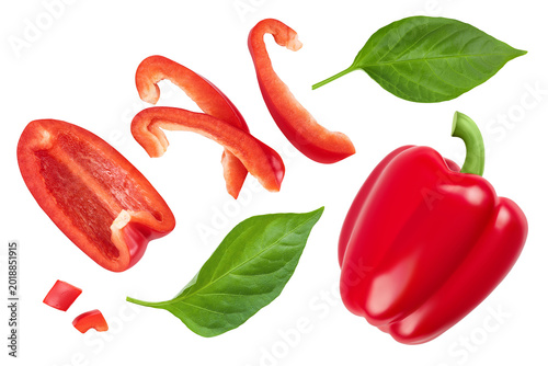 slices of red sweet bell pepper isolated on white background. Top view. Flat lay
