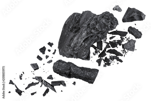 Natural wooden charcoal isolated on white background. Top view. Flat lay