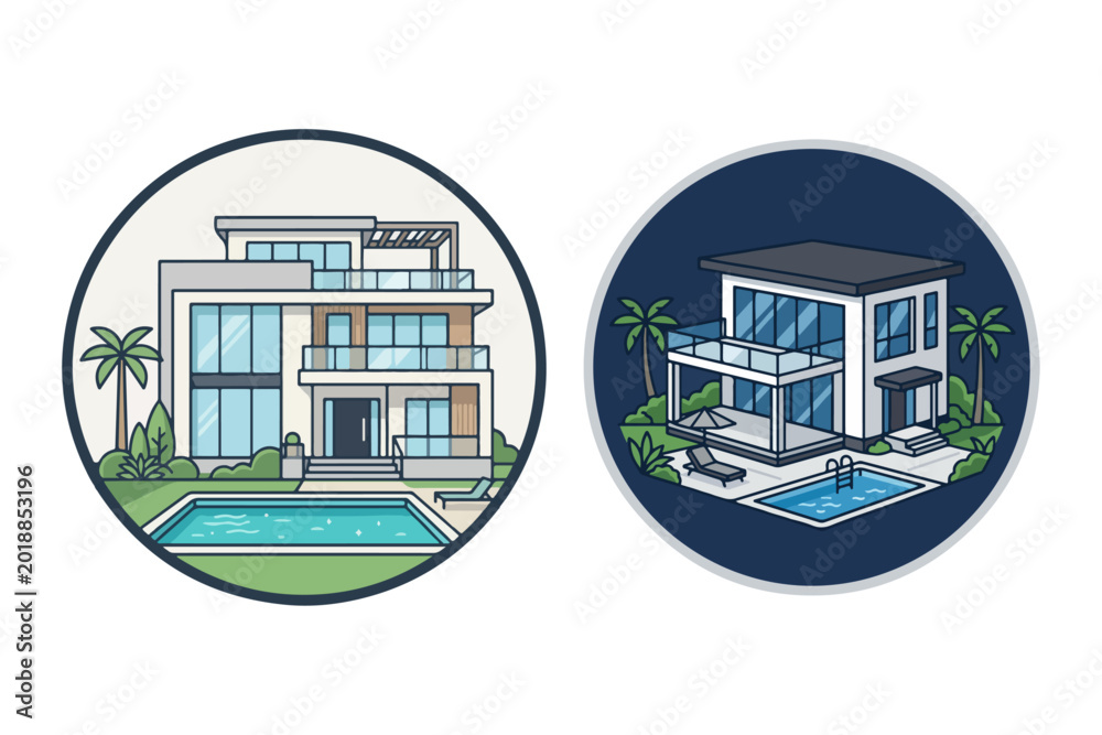 Obraz premium Luxury Villa Architecture Vector Icon Set – Modern Mansion Design, Premium Real Estate House Outline, Elegant Residential Property Illustration Collection