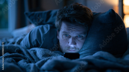 Dark bedroom with a single figure lying awake staring at ceiling shadows at 3am, phone screen casting cold blue light upward, dark circles visible, rumpled bedding tangled at feet, ideal for sleep d