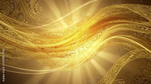 Golden Flowing Waves with Intricate Patterns and Radiant Light Rays