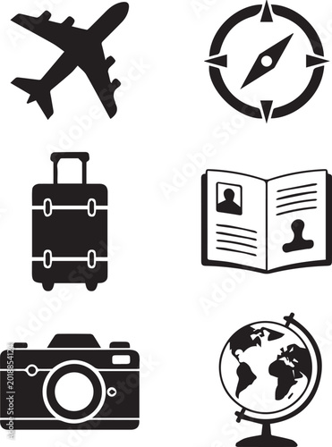 Travel icons airplane suitcase passport camera globe compass for journey.