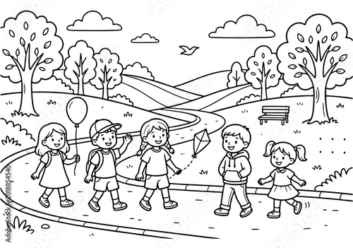 Outline Illustration of Cheerful Kids Walking on a Path in the Park with a Kite and a Balloon for a Coloring Book