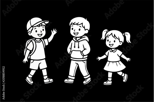 Minimalist White Line Art Illustration Of Three Happy Children Walking And Waving On A Black Background