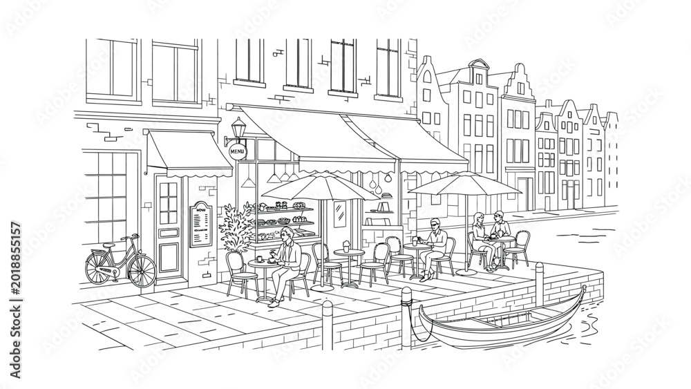 Obraz premium Hand drawn illustration of a cozy street cafe along a canal.
