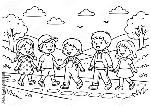 Kids Coloring Page Featuring a Group of Happy Friends Walking on a Stepping Stone Path in a Beautiful Park