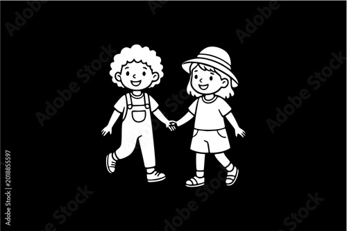 White Vector Silhouette Of Two Cute Children Holding Hands And Walking On A Black Background