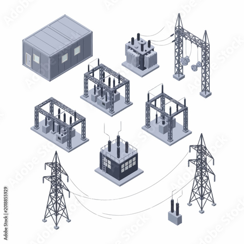 Electrical substation equipment and power transmission towers isometric illustration.