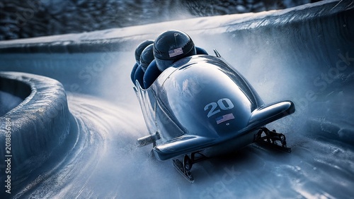 bobsled. Sleek bobsled racing through winding ice channel with plume of mist. event key visuals, club posters, designed for sports event promotions and stadium branding, used by event planners.