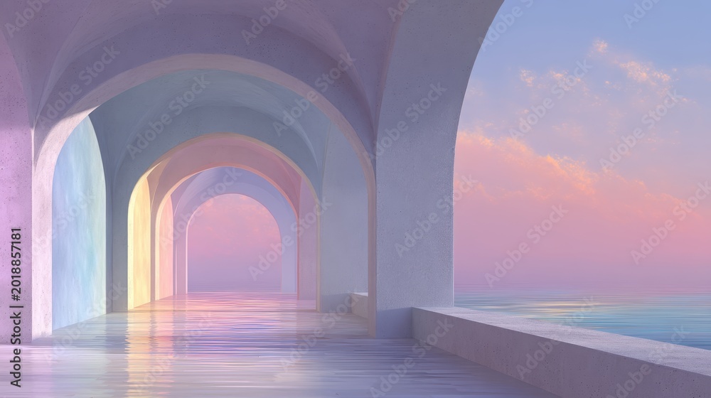 Fototapeta premium Pastel arches corridor by the sea at sunset