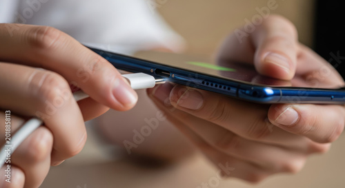Person connecting a charging cable to a smartphone for power.