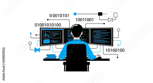 Programmer Working on Multi-Monitor Workstation for Software Development and Cybersecurity, Flat Vector Illustration of IT Professional Coding and Data Analysis