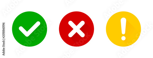 Status icon set featuring check mark, cross, and exclamation mark, vector illustration flat icon collection.