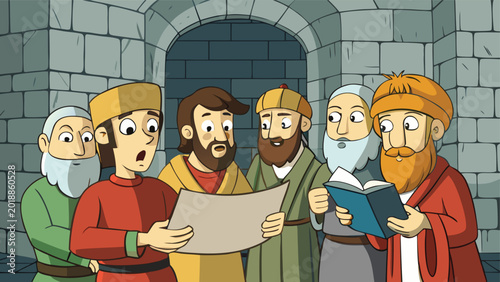 Fotografía Ancient biblical scene illustration, group of wise men reading scripture in stone archway