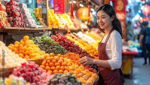 Smiling Vendor at a Vibrant Asian Street Food Market.