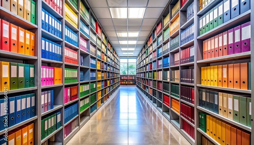 Colorful file folders organized on shelves in a storage room.