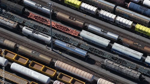 Aerial view of freight trains on railway tracks