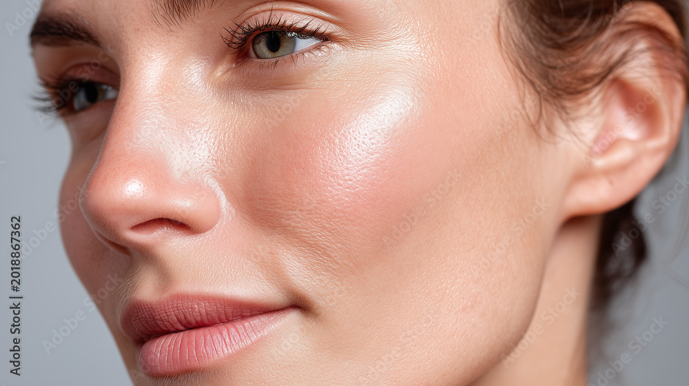 Fototapeta premium Glossy cheek skin with visible pore texture and soft glow, close up portrait of healthy skin highlighting natural complexion and subtle makeup, refined skincare detail